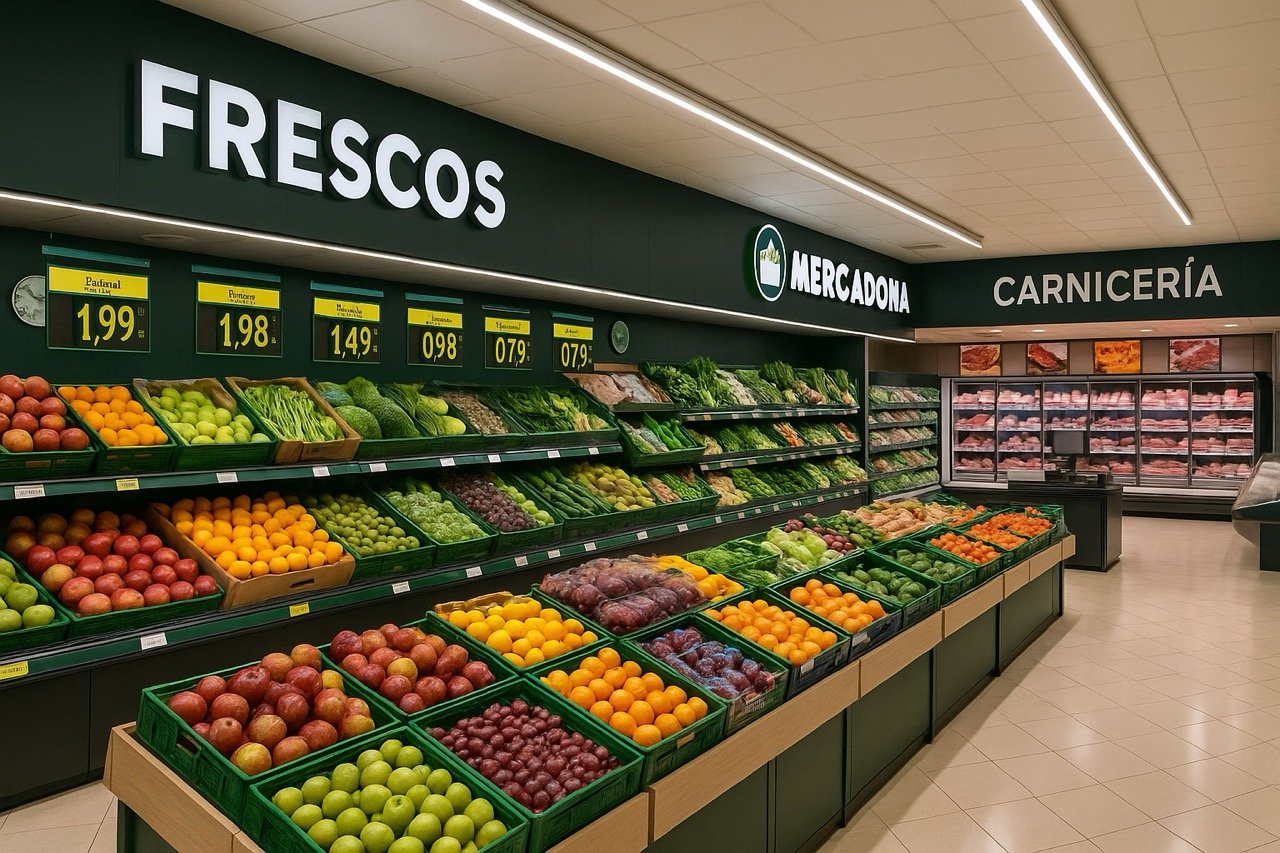 Versafdeling in Mercadona met groenten, fruit en vlees